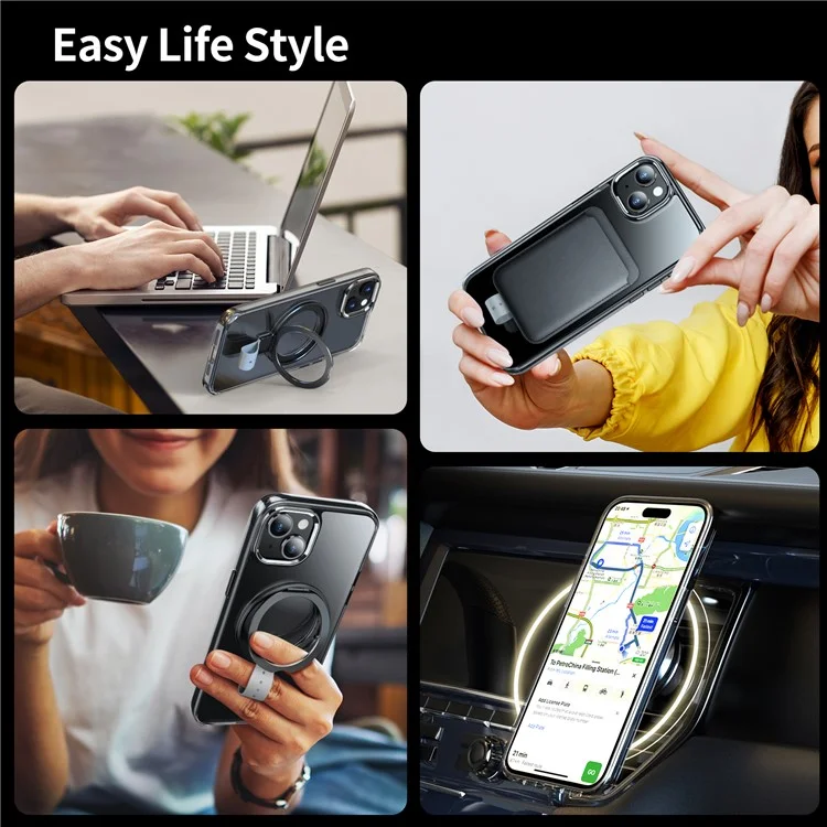 For iPhone 15 Plus Magnetic Case Clear PC Shockproof Phone Cover Grip Kickstand - Transparent Black / Grey Rope