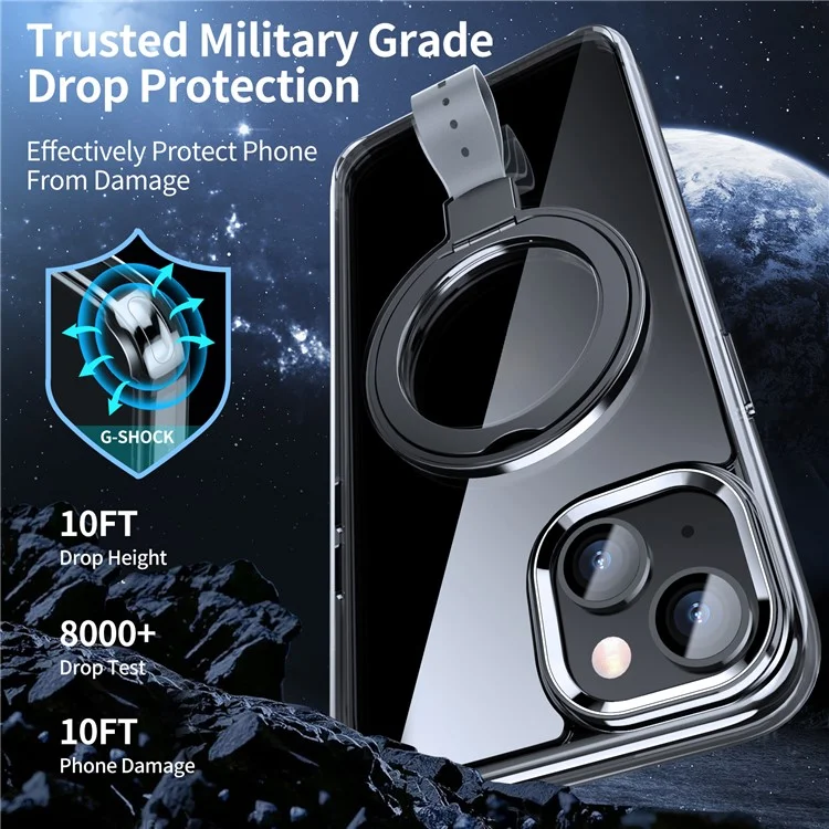 For iPhone 15 Plus Magnetic Case Clear PC Shockproof Phone Cover Grip Kickstand - Transparent Black / Grey Rope