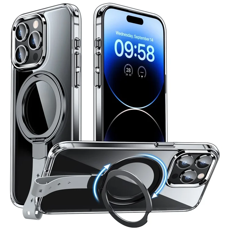 For iPhone 14 Pro Max Magnetic Case Clear PC Hard Phone Cover Rotatable Grip Holder - Transparent Black / Grey Rope