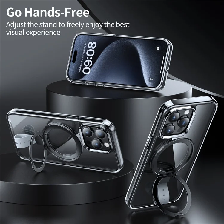 For iPhone 14 Pro Max Magnetic Case Clear PC Hard Phone Cover Rotatable Grip Holder - Transparent Black / Grey Rope