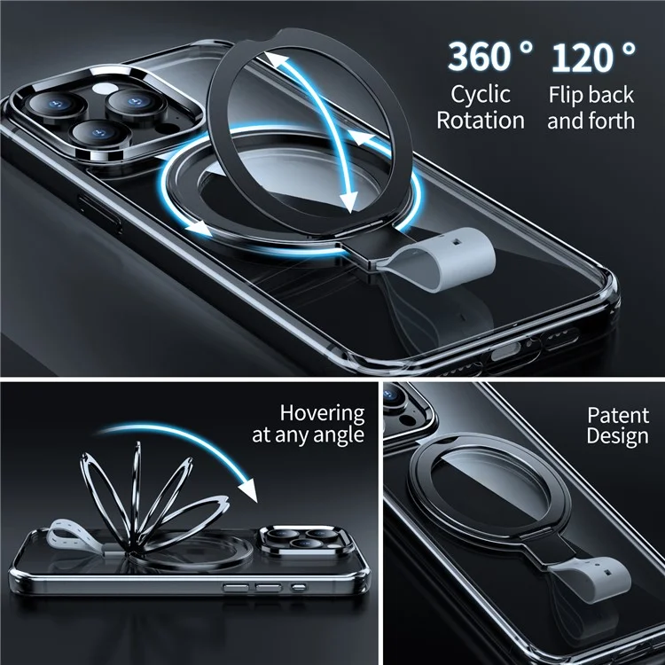 For iPhone 14 Pro Max Magnetic Case Clear PC Hard Phone Cover Rotatable Grip Holder - Transparent Black / Grey Rope