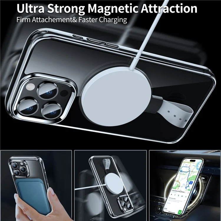 For iPhone 14 Pro Max Magnetic Case Clear PC Hard Phone Cover Rotatable Grip Holder - Transparent Black / Grey Rope