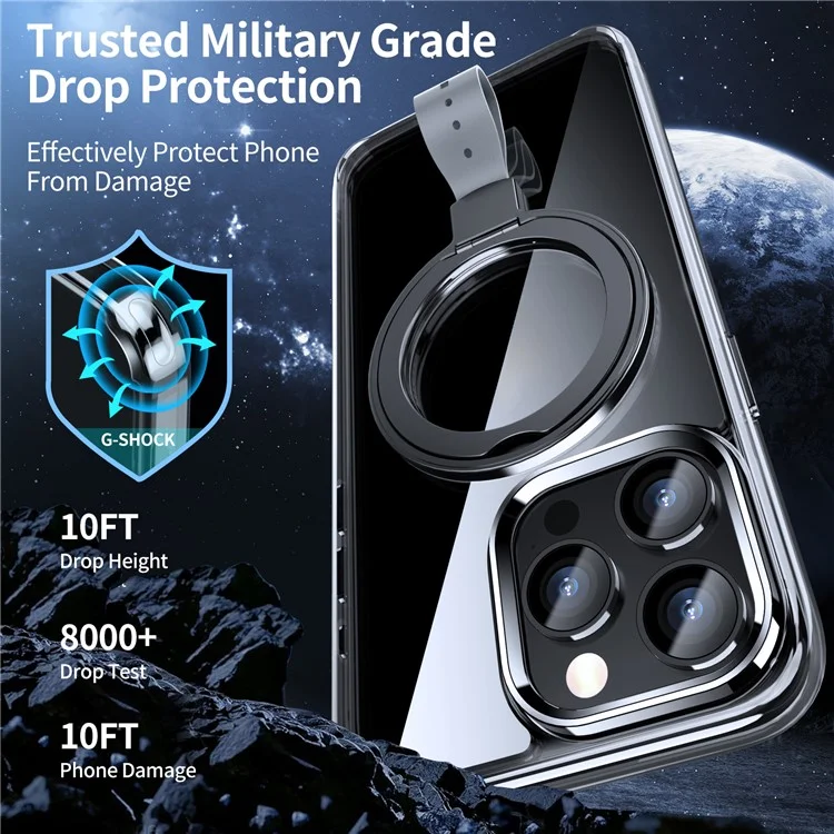 For iPhone 14 Pro Max Magnetic Case Clear PC Hard Phone Cover Rotatable Grip Holder - Transparent Black / Grey Rope