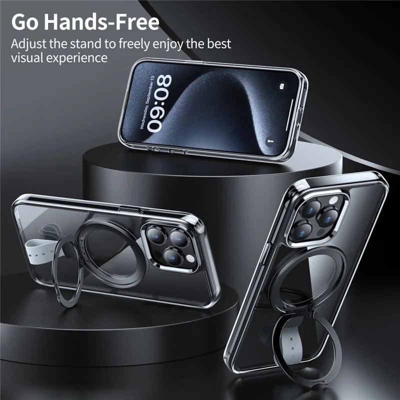 For iPhone 13 Pro Magnetic Case Shockproof Hard PC Phone Cover Rotatable Ring Holder Kickstand - Transparent Black  /  Grey Rope