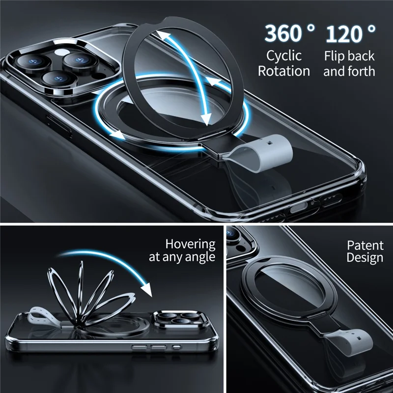 For iPhone 13 Pro Magnetic Case Shockproof Hard PC Phone Cover Rotatable Ring Holder Kickstand - Transparent Black  /  Grey Rope