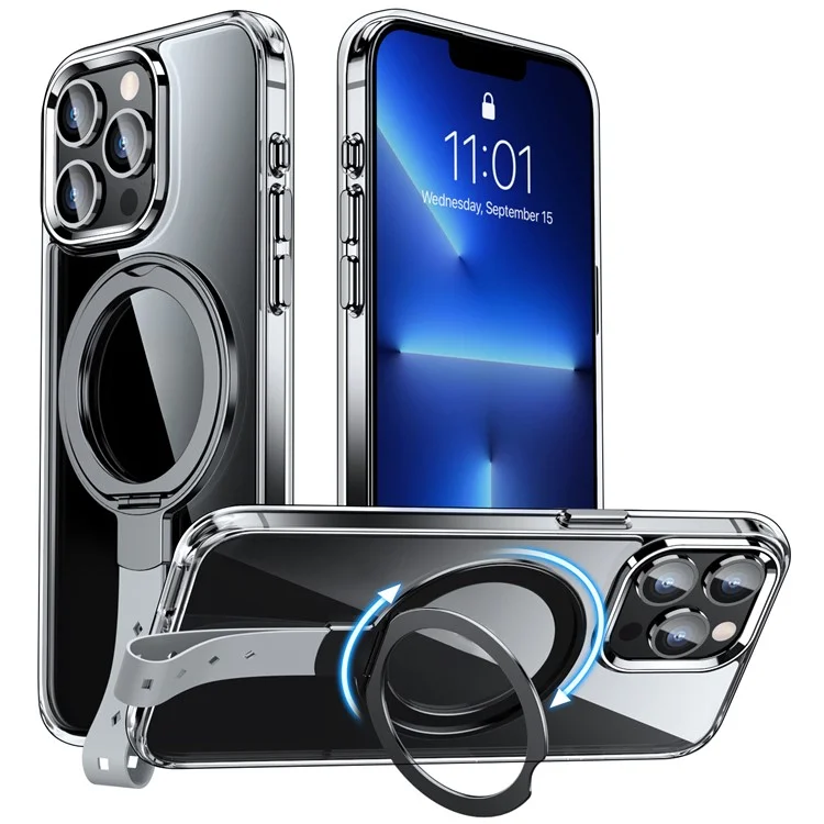Per iPhone 13 Pro Max Case Magnetic Kickstand Rotatable Hard Plastic Phone Cover - Transparent Black / Grey Rope