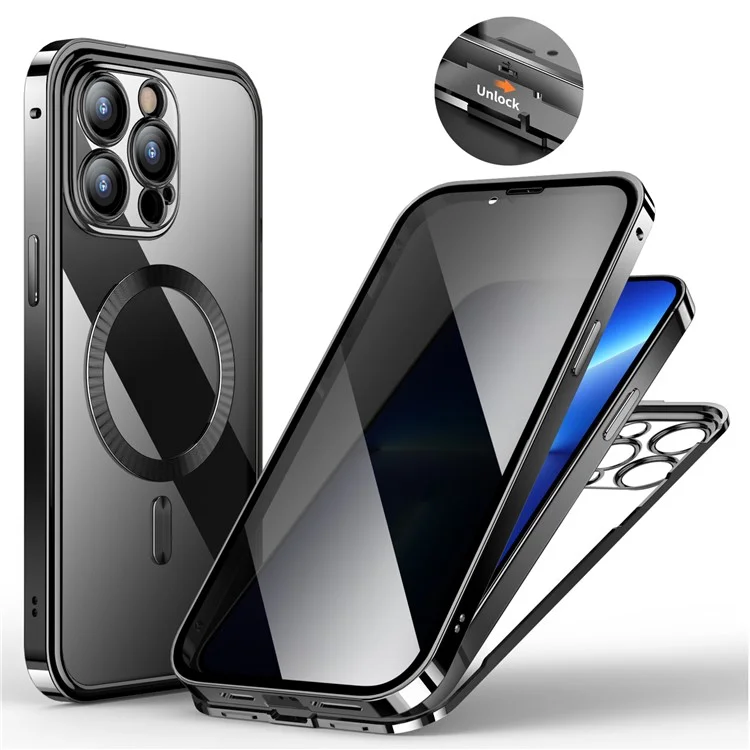 Funda magnética con protector de pantalla de vidrio templado y cubierta de PC de doble protección para iPhone 13 Pro Max - Negro