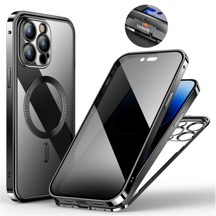 For iPhone 14 Pro Privacy Case Tempered Glass+PC Magnetic Phone Cover Compatible with MagSafe - Black