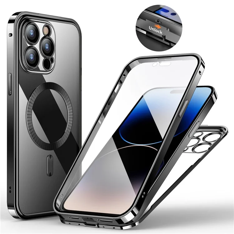 For iPhone 14 Pro Max Case Magnetic Clear Phone Cover Tempered Glass Hard PC - Black