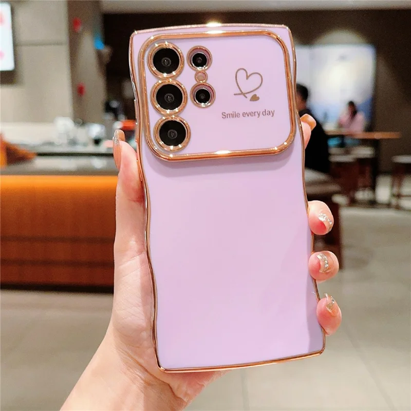 For Samsung Galaxy S23 Ultra Case Wave Frame with Love Heart Raised Camera Protection TPU Cover - Purple