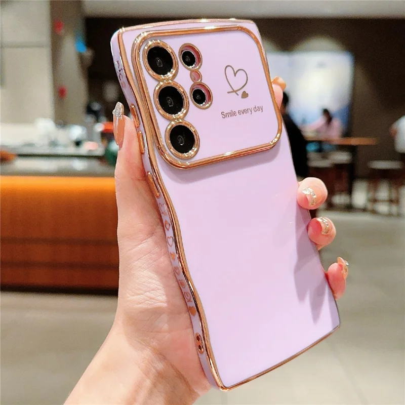 For Samsung Galaxy S23 Ultra Case Wave Frame with Love Heart Raised Camera Protection TPU Cover - Purple