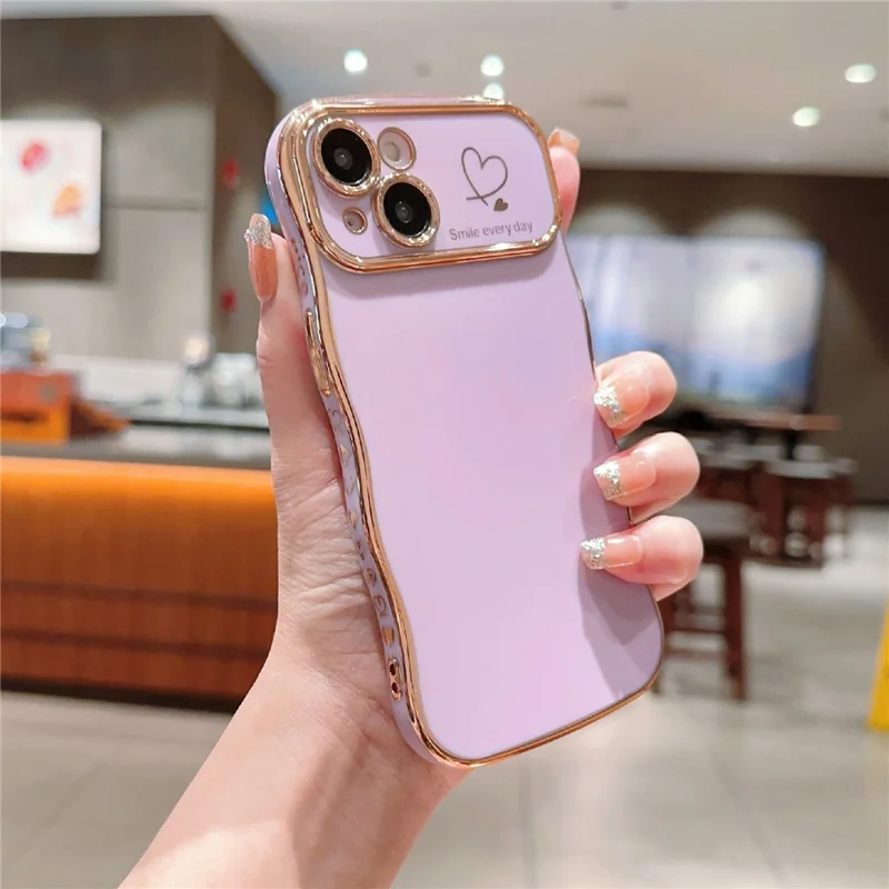 For iPhone 14 Plus Case Wave Frame with Love Heart Raised Camera Protection TPU Cover - Purple