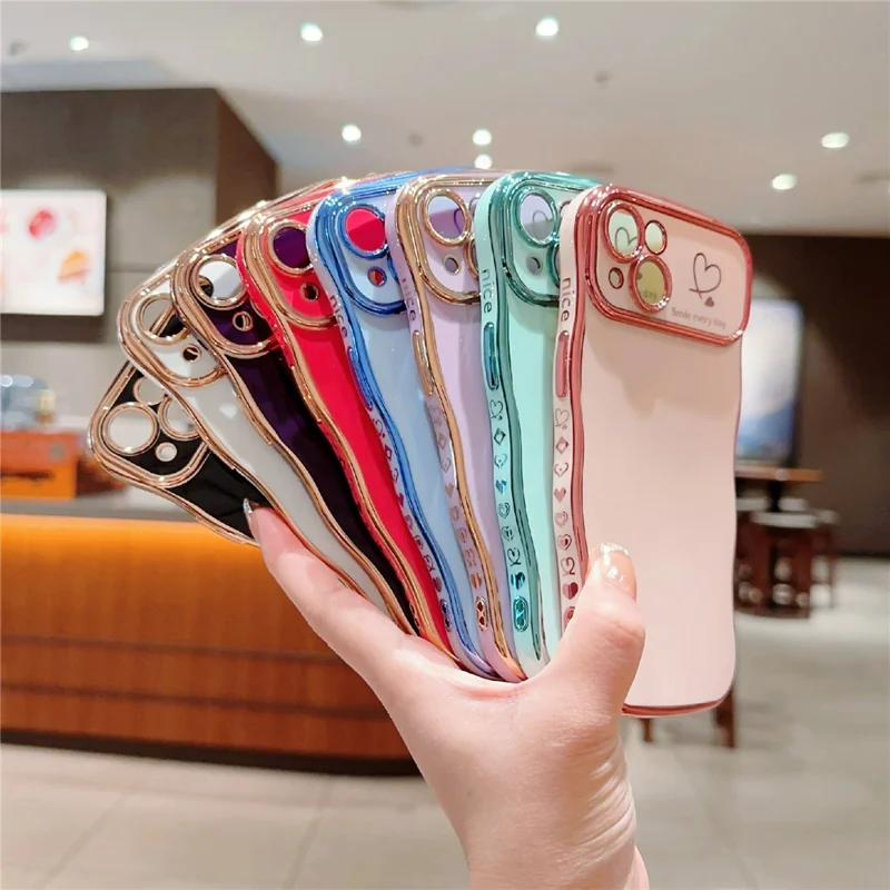 For iPhone 14 Plus Case Wave Frame with Love Heart Raised Camera Protection TPU Cover - Purple