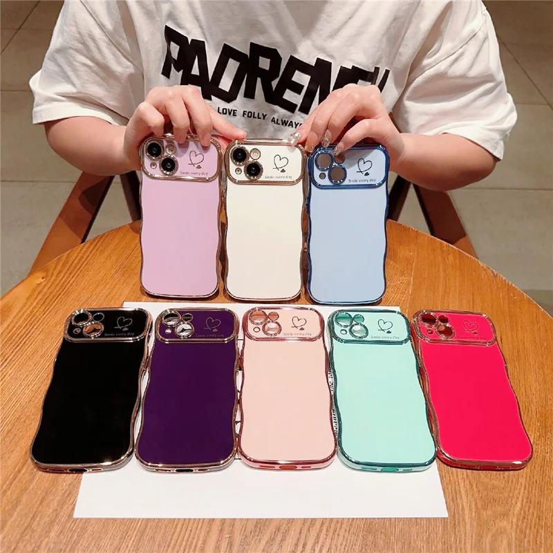 For iPhone 14 Plus Case Wave Frame with Love Heart Raised Camera Protection TPU Cover - Purple
