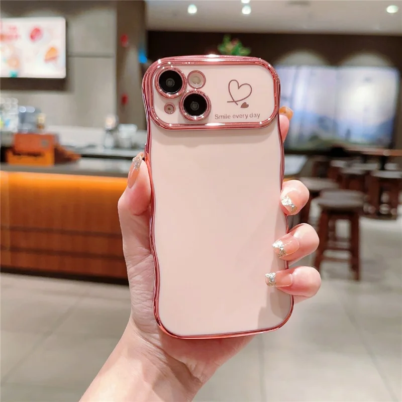 For iPhone 14 Plus Case Wave Frame with Love Heart Raised Camera Protection TPU Cover - Rose Pink