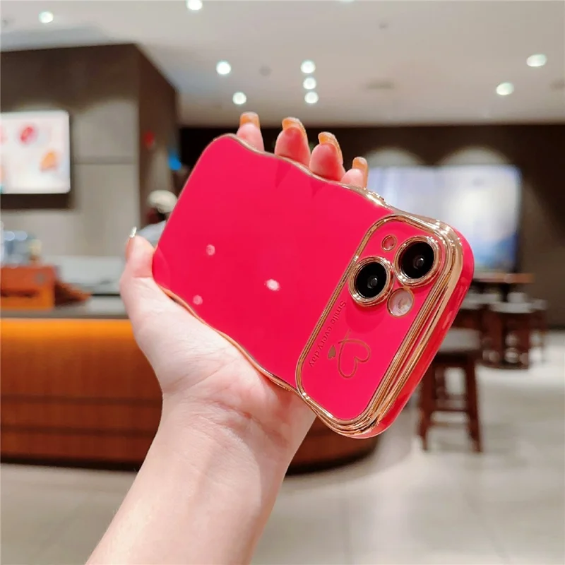 For iPhone 14 Plus Case Wave Frame with Love Heart Raised Camera Protection TPU Cover - Rose Pink