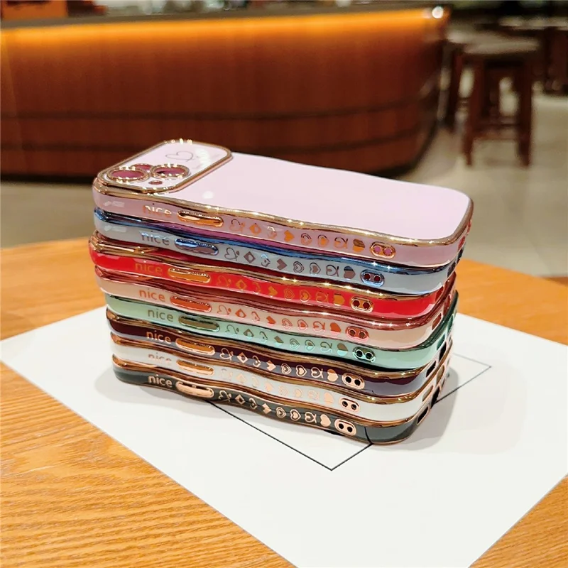 For iPhone 14 Plus Case Wave Frame with Love Heart Raised Camera Protection TPU Cover - Rose Pink