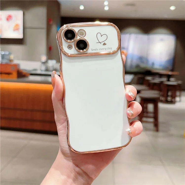 For iPhone 14 Case Wave Frame with Love Heart Raised Camera Protection TPU Cover - Ivory White