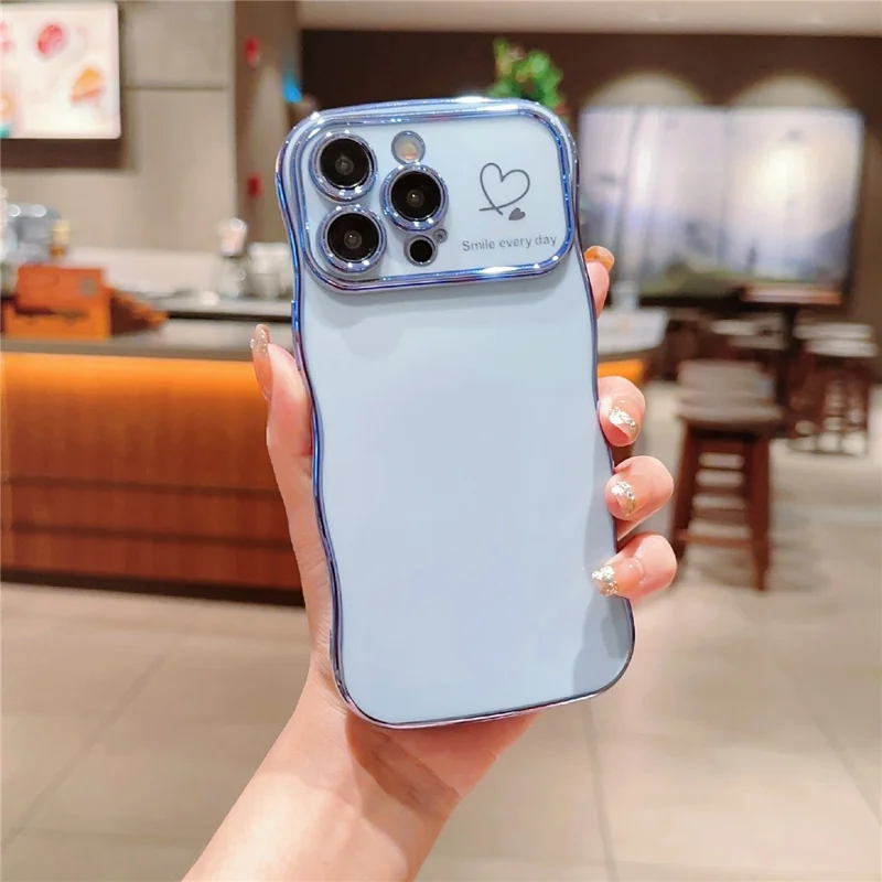 For iPhone 15 Pro Max Case Wave Frame with Love Heart Raised Camera Protection TPU Cover - Blue
