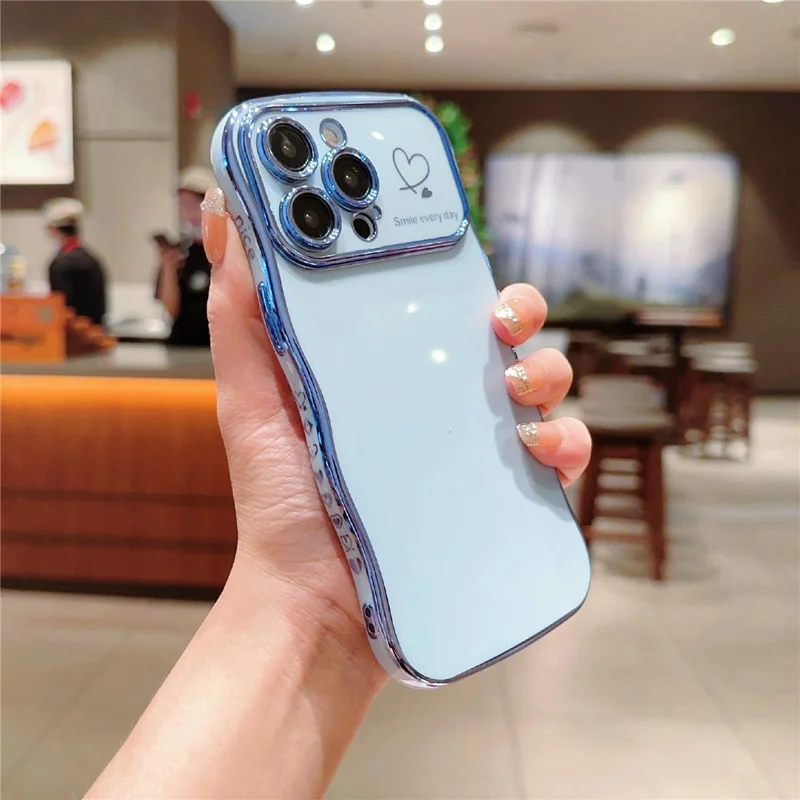 For iPhone 15 Pro Max Case Wave Frame with Love Heart Raised Camera Protection TPU Cover - Blue