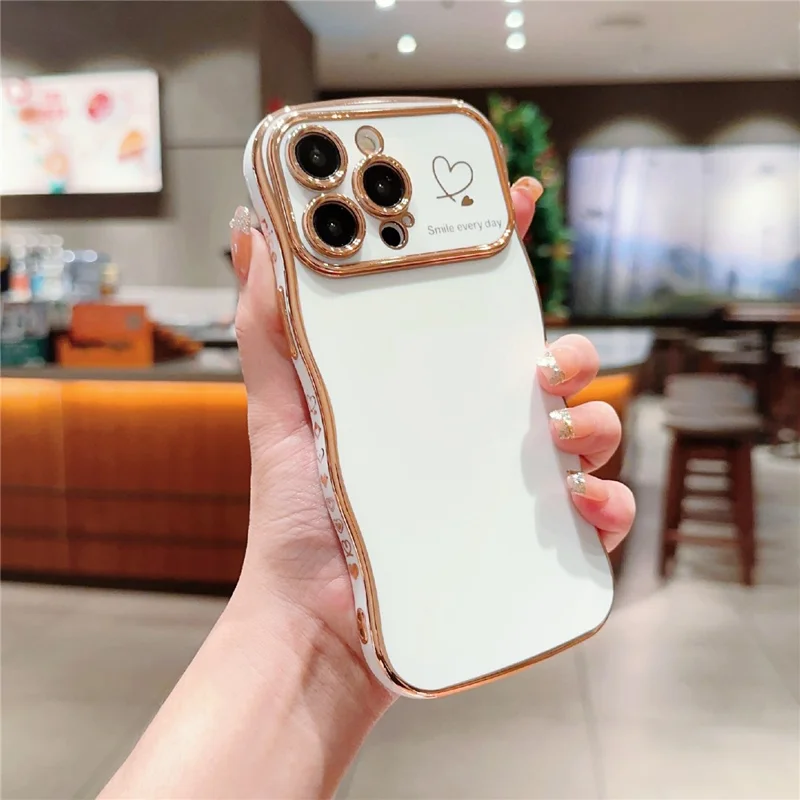 For iPhone 15 Pro Max Case Wave Frame with Love Heart Raised Camera Protection TPU Cover - Ivory White