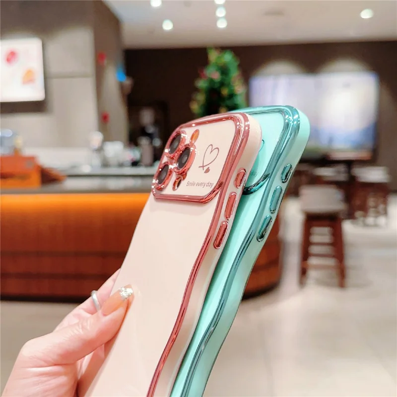 For iPhone 15 Pro Max Case Wave Frame with Love Heart Raised Camera Protection TPU Cover - Ivory White