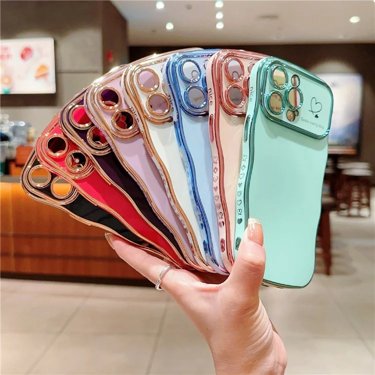 Para Iphone 15 Pro Case Wave Frame With Love Heart Camera Protection TPU Cover TPU - Rosa Rosa