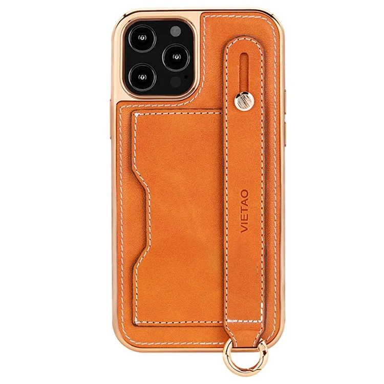 VIETAO Phone Case Card Holder For iPhone 14 Pro, Kickstand PU Leather + TPU Electroplating Phone Cover with Lanyard - Orange