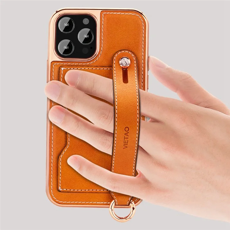 VIETAO Phone Case Card Holder For iPhone 14 Pro, Kickstand PU Leather + TPU Electroplating Phone Cover with Lanyard - Orange