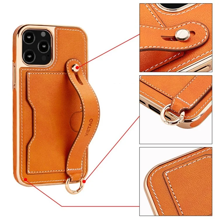 VIETAO Phone Case Card Holder For iPhone 14 Pro, Kickstand PU Leather + TPU Electroplating Phone Cover with Lanyard - Orange