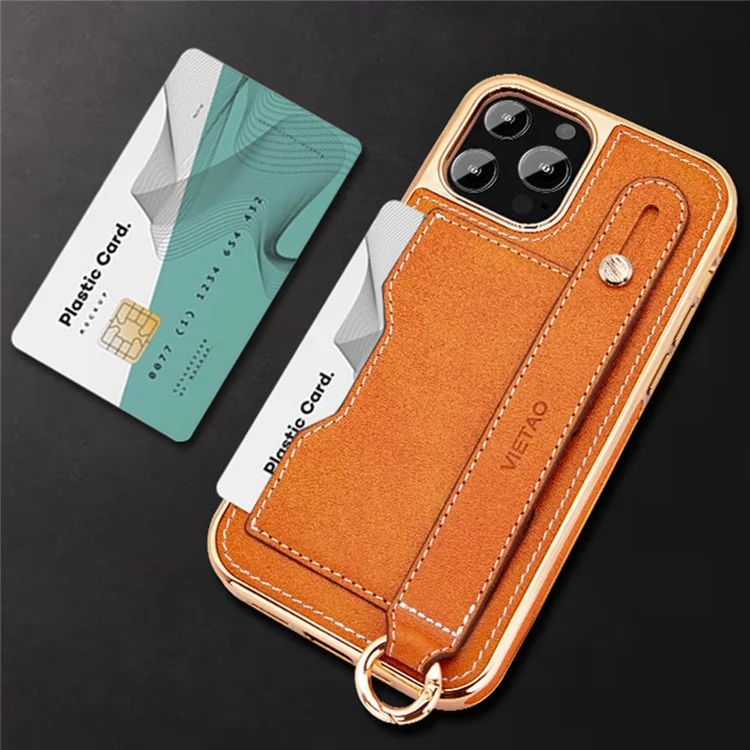 VIETAO Phone Case Card Holder For iPhone 14 Pro, Kickstand PU Leather + TPU Electroplating Phone Cover with Lanyard - Orange