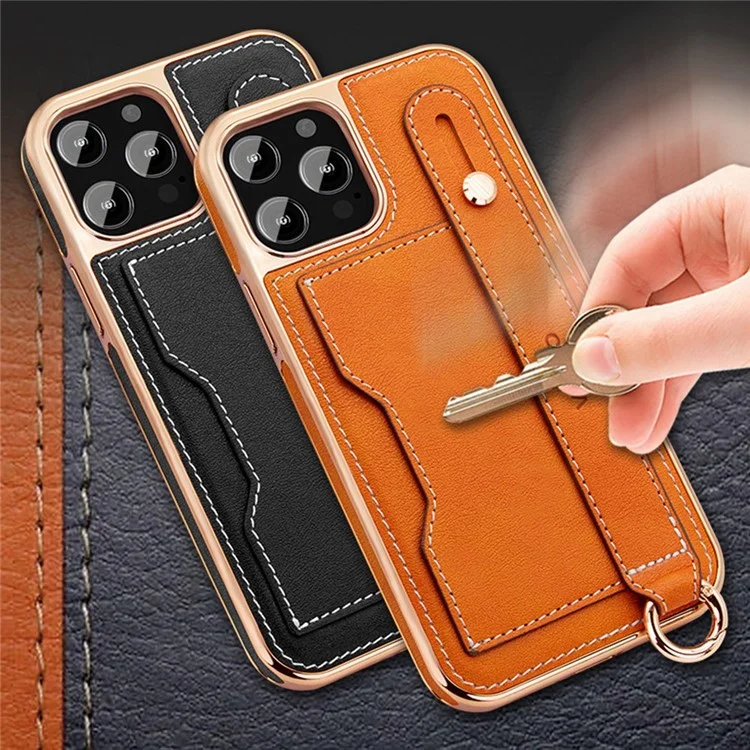 VIETAO Phone Case Card Holder For iPhone 14 Pro, Kickstand PU Leather + TPU Electroplating Phone Cover with Lanyard - Orange