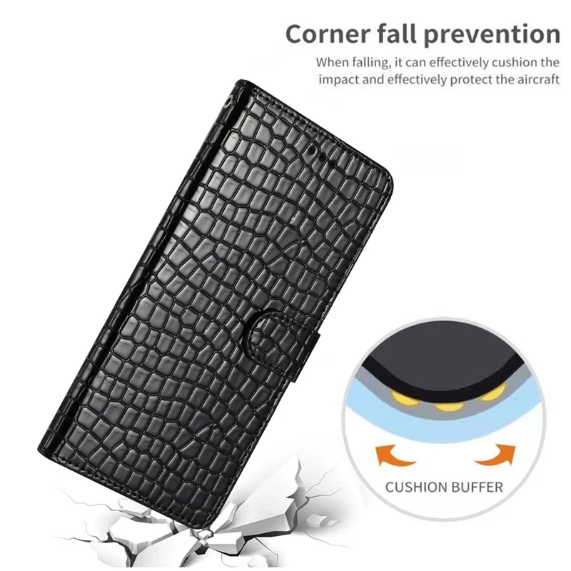 Para HMD Pulse Pro Case Stand PU Leather Phone Cover Classic Crocodile Pattern - Black
