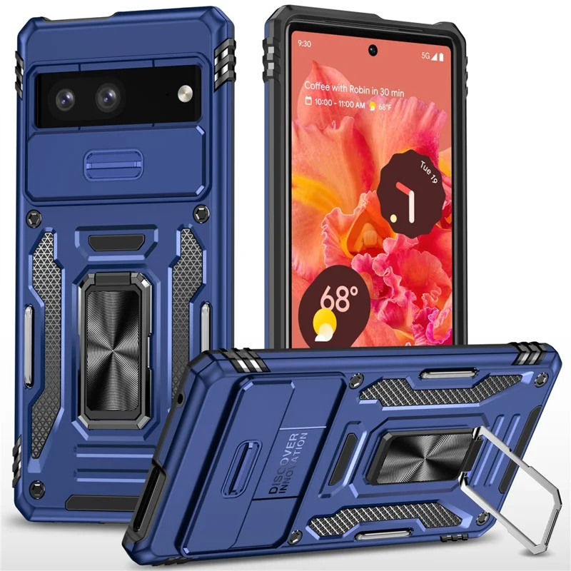 Armor Series For Google Pixel 9 Pro / Pixel 9 Case PC+TPU Kickstand Phone Cover with Slide Lens Shield - Navy Blue