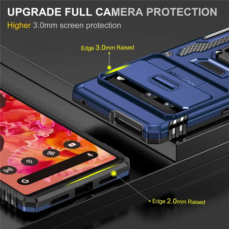 Armor Series For Google Pixel 9 Pro / Pixel 9 Case PC+TPU Kickstand Phone Cover with Slide Lens Shield - Navy Blue