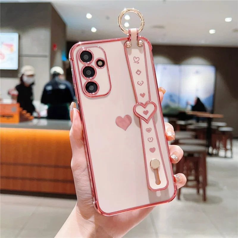 For Samsung Galaxy A15 4G / 5G Case Love Heart Pattern TPU Phone Cover Wristband Kickstand Holder - Pink