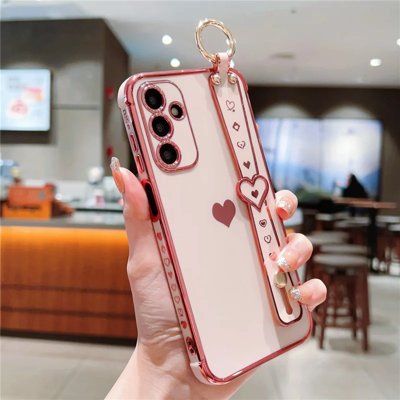For Samsung Galaxy A15 4G / 5G Case Love Heart Pattern TPU Phone Cover Wristband Kickstand Holder - Pink