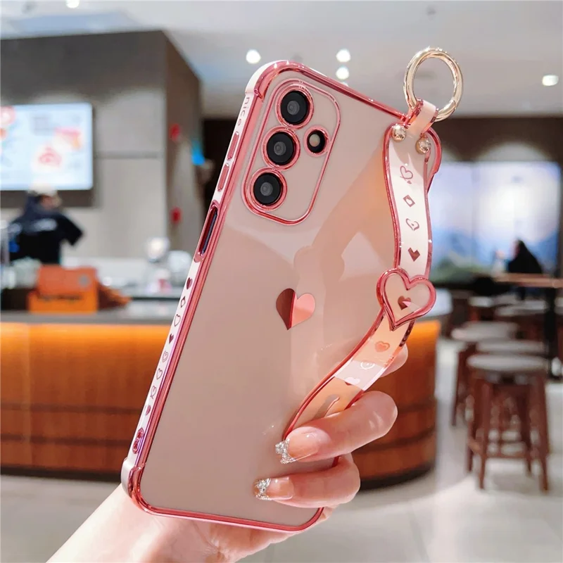For Samsung Galaxy A15 4G / 5G Case Love Heart Pattern TPU Phone Cover Wristband Kickstand Holder - Pink