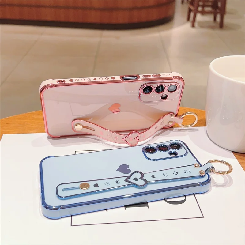 For Samsung Galaxy A15 4G / 5G Case Love Heart Pattern TPU Phone Cover Wristband Kickstand Holder - Pink