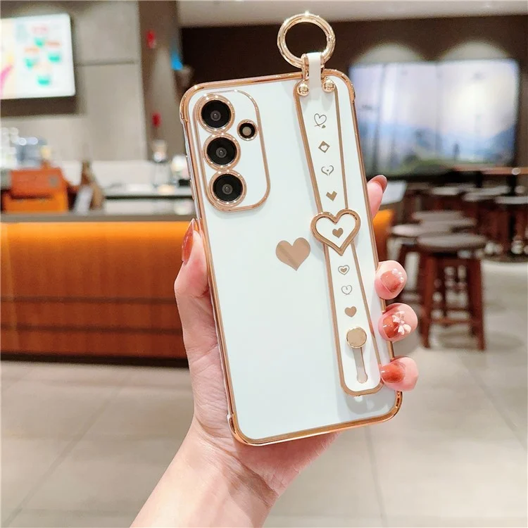 Para Samsung Galaxy A54 5G Case Electroplating Love Heart TPU Phone Cover Muñequera Anillo Soporte - Marfil Blanco