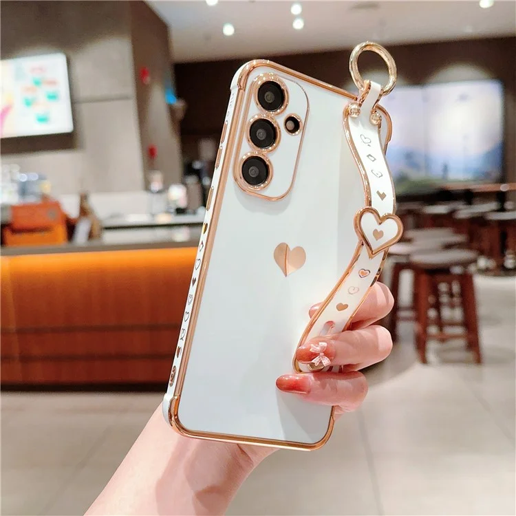 Para Samsung Galaxy A54 5G Case Electroplating Love Heart TPU Phone Cover Muñequera Anillo Soporte - Marfil Blanco