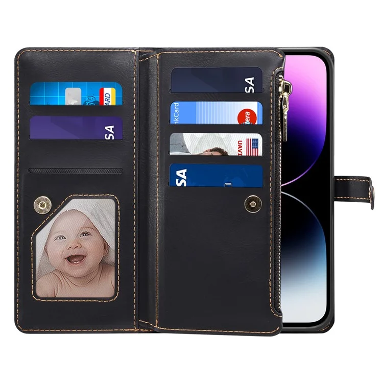 ESEBLE Galaxy-Serie für iPhone 16 Plus Hülle RFID-Blockierung Reißverschluss-Geldbörse Leder-Handyhülle - Schwarz