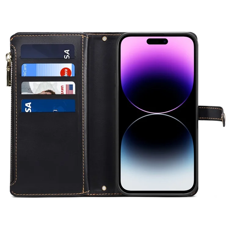 ESEBLE Galaxy-Serie für iPhone 16 Plus Hülle RFID-Blockierung Reißverschluss-Geldbörse Leder-Handyhülle - Schwarz