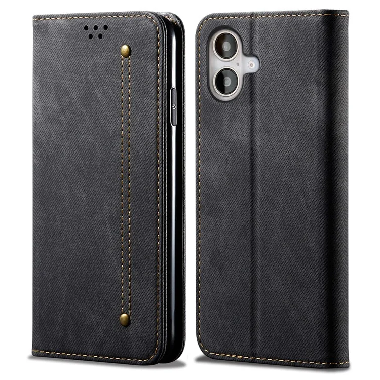 Für iPhone 16 Plus Hülle Jeans Cloth Texture Anti-Scratch Leather Stand Phone Cover - Schwarz