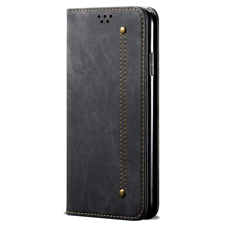 Für iPhone 16 Plus Hülle Jeans Cloth Texture Anti-Scratch Leather Stand Phone Cover - Schwarz