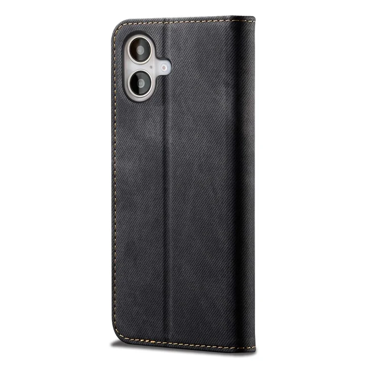 Für iPhone 16 Plus Hülle Jeans Cloth Texture Anti-Scratch Leather Stand Phone Cover - Schwarz