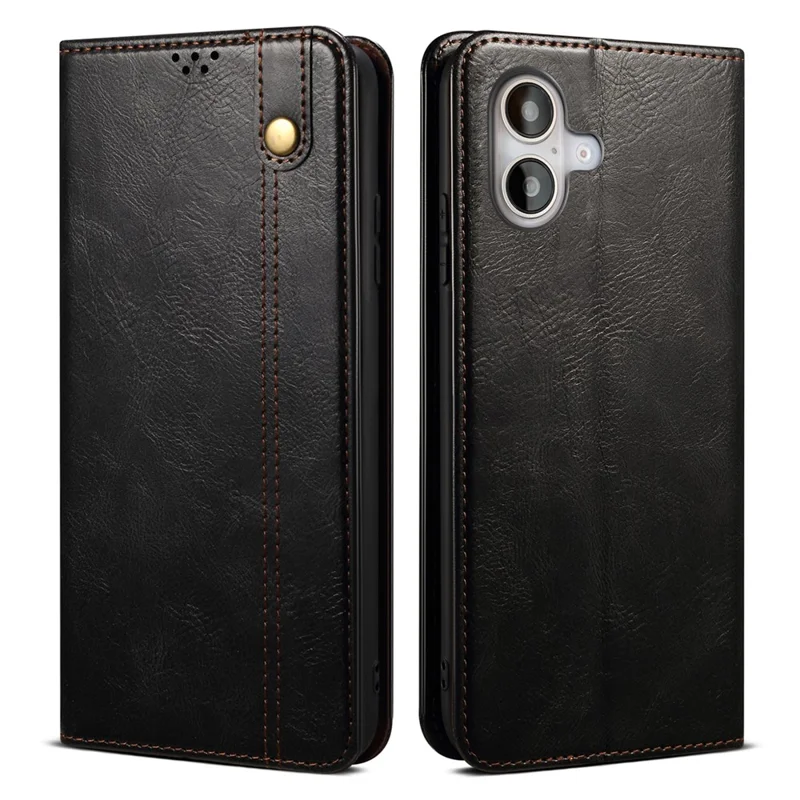 Til iPhone 16 Plus Case Crazy Horse-struktur Voksent Læder Wallet Stående Cover - Sort