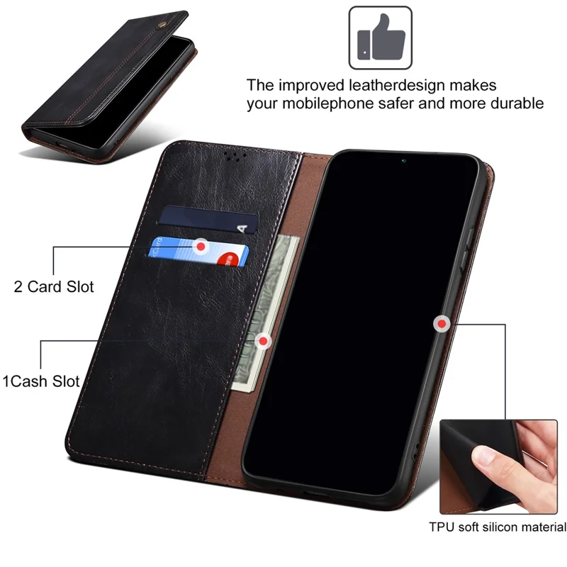 Til iPhone 16 Plus Case Crazy Horse-struktur Voksent Læder Wallet Stående Cover - Sort