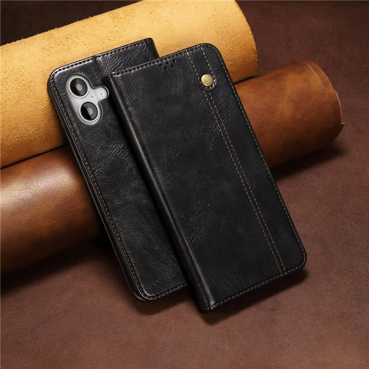 Étui pour iPhone 16 Crazy Horse Texture Waxy Leather Wallet Stand Cover - Noir