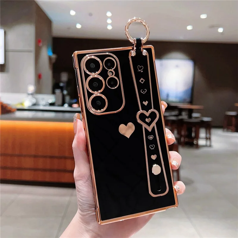 For Samsung Galaxy S23 Ultra Case TPU Electroplating Love Heart Pattern Phone Cover Wrist Strap Holder - Black